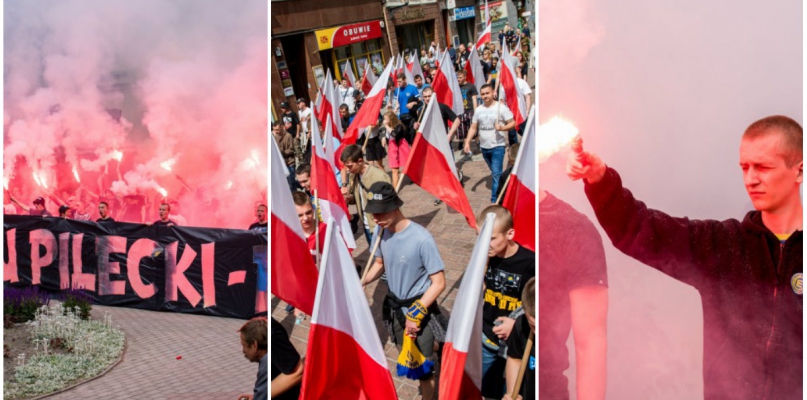 Po oficjalnej części wydarzeni kibice Elany przygotowali patriotyczną oprawę z antykomunistycznymi hasłami, fot. Tomasz Berent