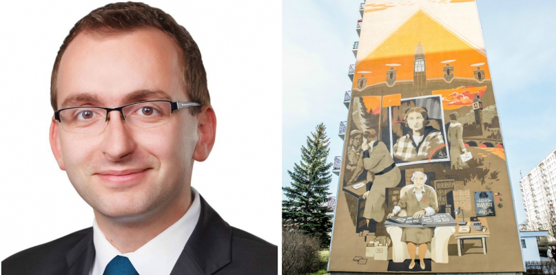 Od lewej: radny Wojciech Klabun. Obok mural powstały z inicjatywy fundacji im. gen. Elżbiety Zawackiej na ul. Gagarina, fot. facebook/ Tomasz Berent