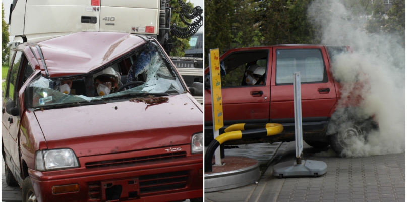 Ok. godz. 11 na jednej ze stacji paliw przy Szosie Lubickiej auto osobowe uderzyło w dystrybutor paliwa, w wyniku czego doszło do wycieku paliwa i pożaru, fot. Komenda Miejska Policji w Toruniu