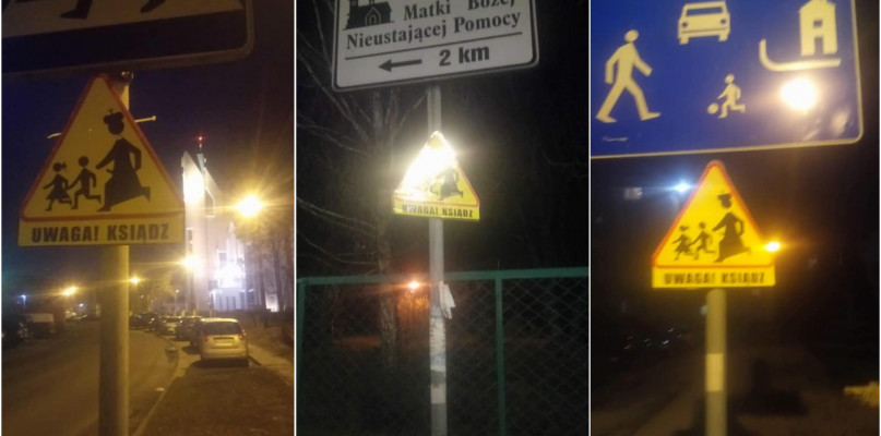 "Uwaga! Ksiądz" - takie oznakowanie pojawiło się przy parafii na Koniuchach