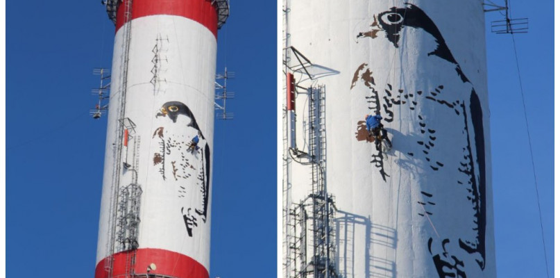 Rozpoczęto prace związane z grafiką sokoła na nieczynnym kominie PGE Toruń