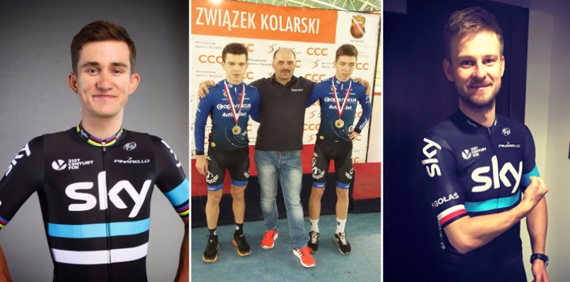 Od lewej: Michał Kwiatkowski, Adrian Walecki i Łukasz Ochocki z trenerem oraz Michał Gołaś  Fot. Facebook i Nadesłana