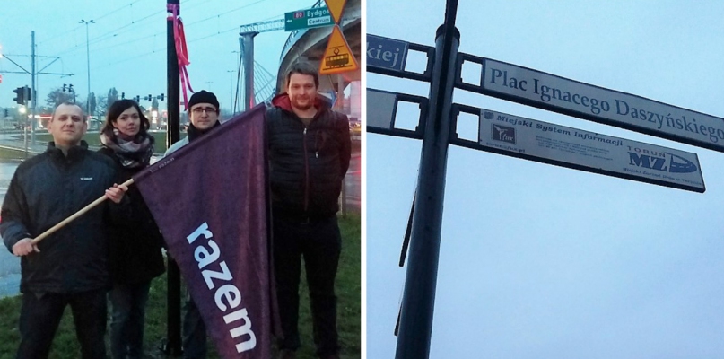 Aktywiści partii Razem udekorowali tablicę z nazwiskiem socjalistycznego działacza wstążkami fot. Partia Razem