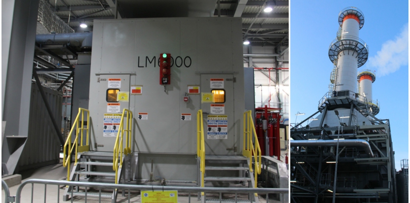 Po lewej - generator uruchomionej pierwszej turbiny gazowej, po prawej - para z komina kotła odzysknicowego połączonego z pierwszą turbiną, fot. EDF Toruń