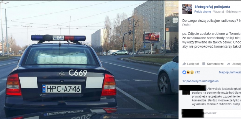 Zdjęcie zostało zrobione na Szosie Lubickiej, źródło: strona facebookowa "Sfotografuj policjanta"