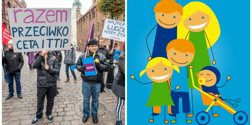 Po lewej: toruński protest przeciwko CETA, po prawej: grafika z programu Rodzina 500+, fot. Tomasz Berent