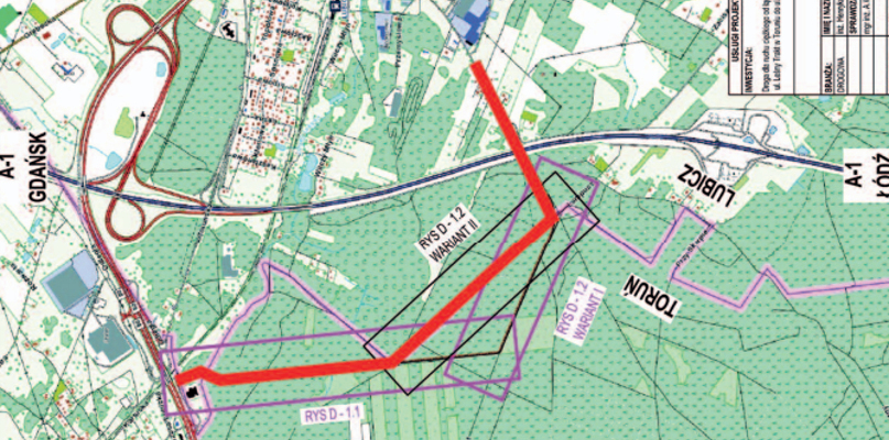 Nowy przebieg trasy w kierunku Lubicza Dolnego i Małgorzata został oznaczony czerwoną linią, źródło: Urząd Gminy Lubicz