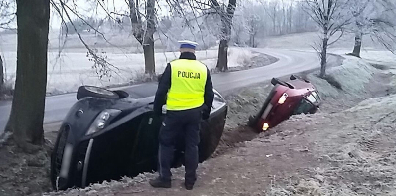 Dziś rano w Zamku Bierzgłowskim niemalże w tym samym czasie z jezdni wypadły dwa samochody, fot. Komenda Miejska Policji w Toruniu