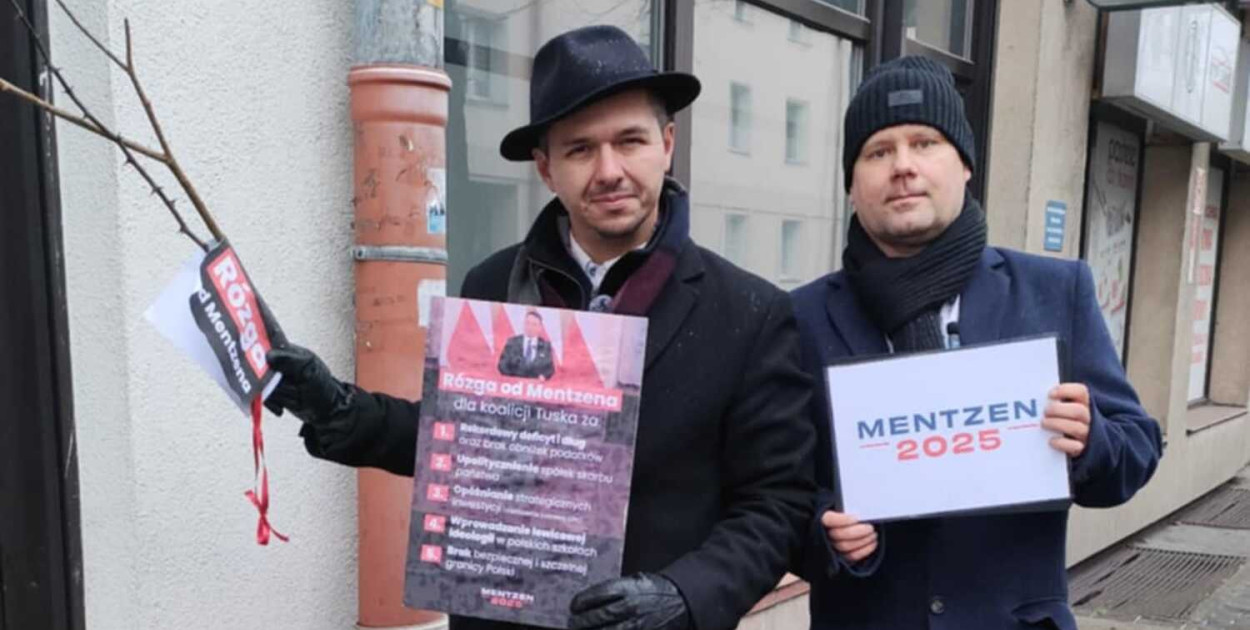 Na konferencji prasowej członkowie Konfederacji Nowa Nadzieja Oddział Włocławek – Rafał Wódkowski i Tomasz Sikorowski – włączyli się w ogólnopolską akcję „Rózga od Mentzena”. Fot Facebook/