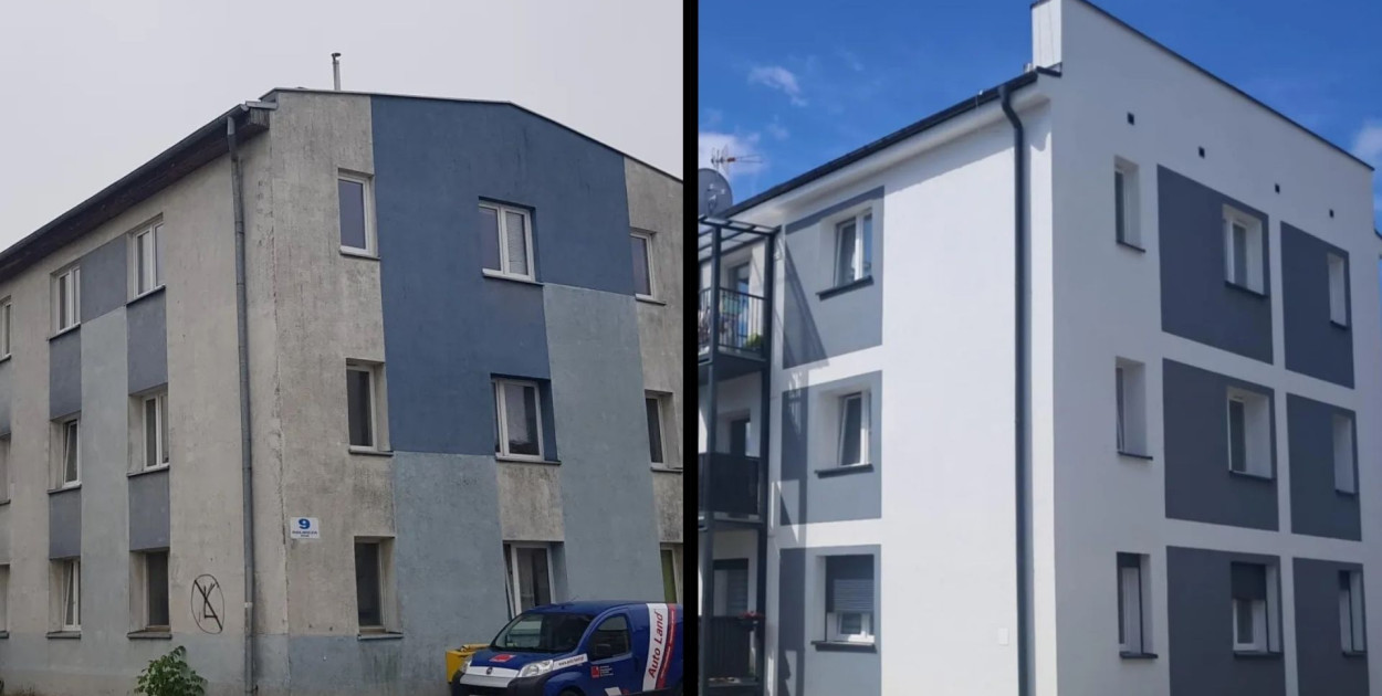 Fot: zdjęcia budynków przy ul. Rolniczej przed modernizacją i po modernizacji, autor: Marta Popławska.