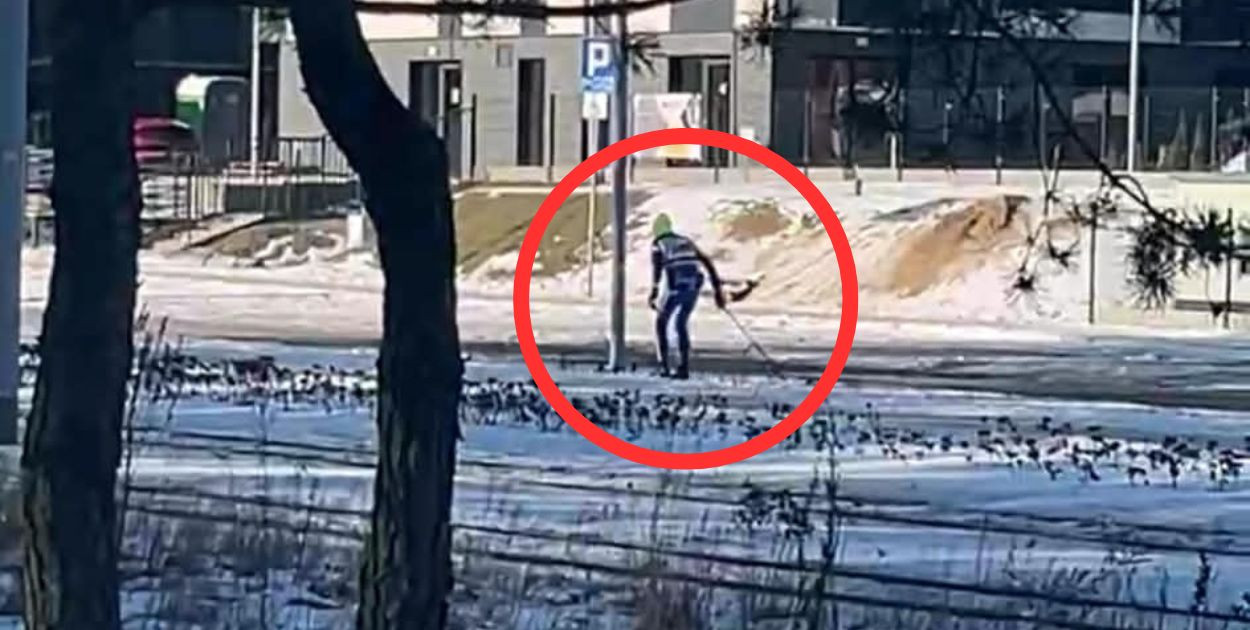 Szokujące nagranie z Torunia. Po chodniku jechał... na nartach [WIDEO]