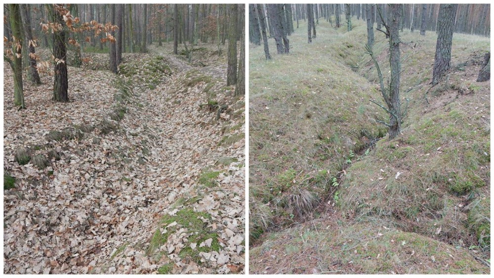 Okopy w okolicach miejscowości Rozgarty (po lewej) i Górska (po prawej), fot. archiwum K. Tomczyka